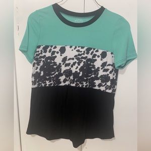 Women’s Crazy Train Shirt, teal, cow print & black, Medium